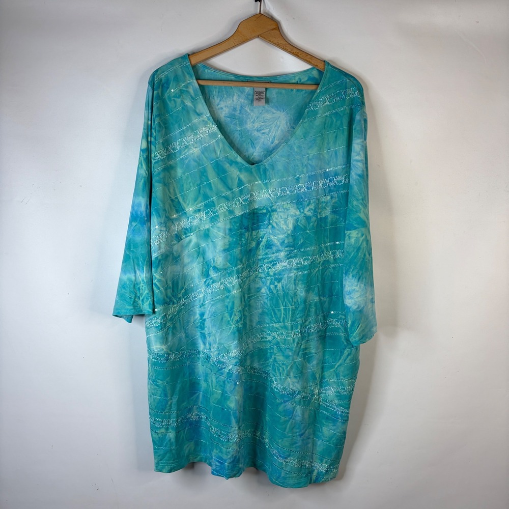 Catherines Tunic Top Women 2X Blue Tie Dye Sequin Embroidered V-Neck 3/4 Sleeve
